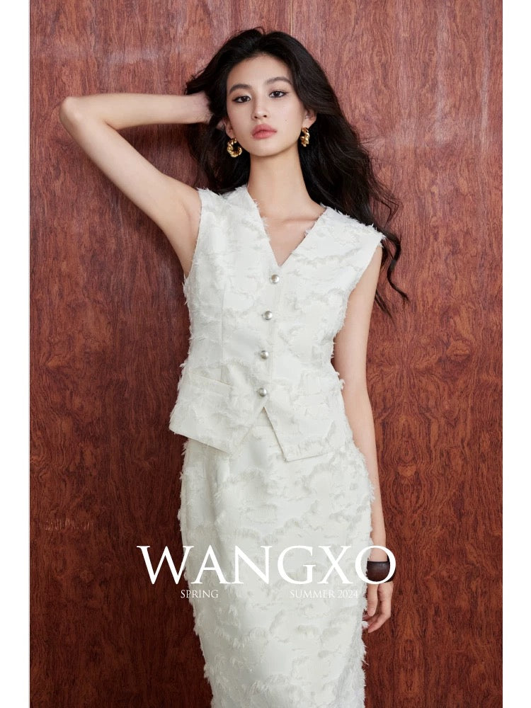 WANGXO｜Fringed jacquard texture｜Reshaping oriental aesthetics｜V-neck vest high waist skirt suit