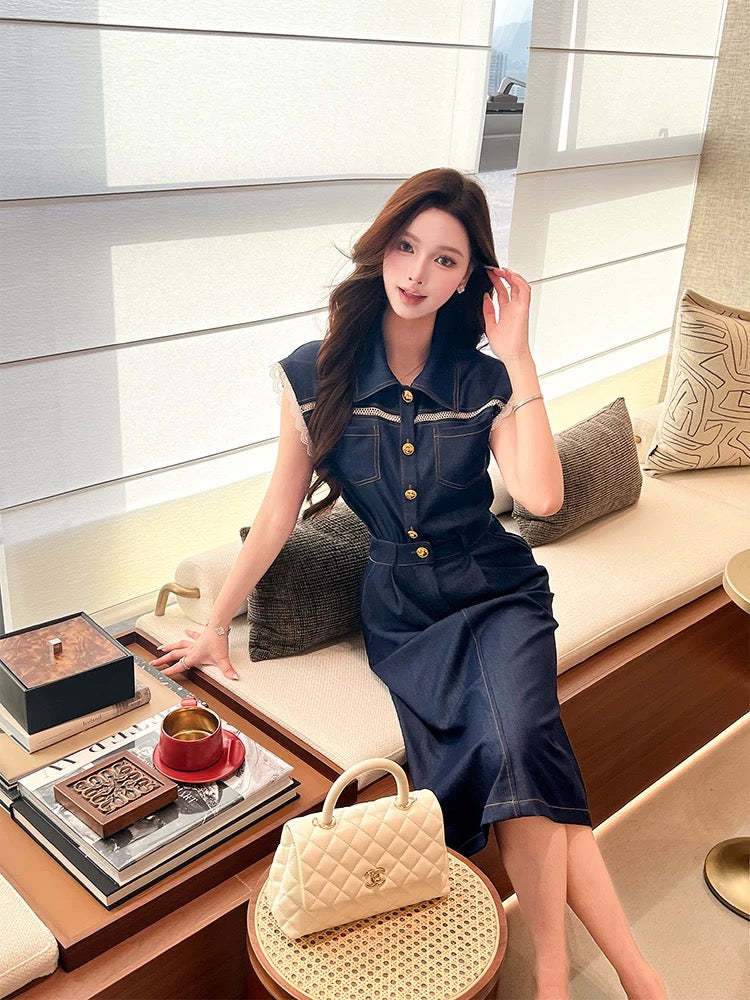 Summer women's clothing 2025 new style this year's popular style unique beautiful waist mid-length skirt denim dress