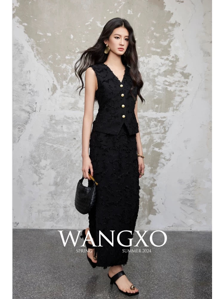 WANGXO｜Fringed jacquard texture｜Reshaping oriental aesthetics｜V-neck vest high waist skirt suit