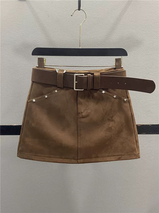 Retro brown suede midi skirt for women, 2025 autumn/winter new style, American hot girl bodycon skirt, slimming A-line mini skirt