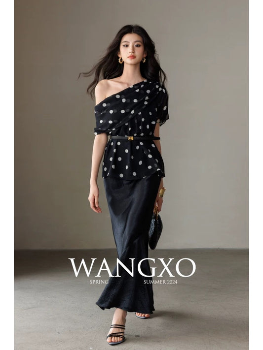 WANGXO｜Customized light georgette|Dynamic polka dots|Off-shoulder two-way design hand-pleated chiffon shirt