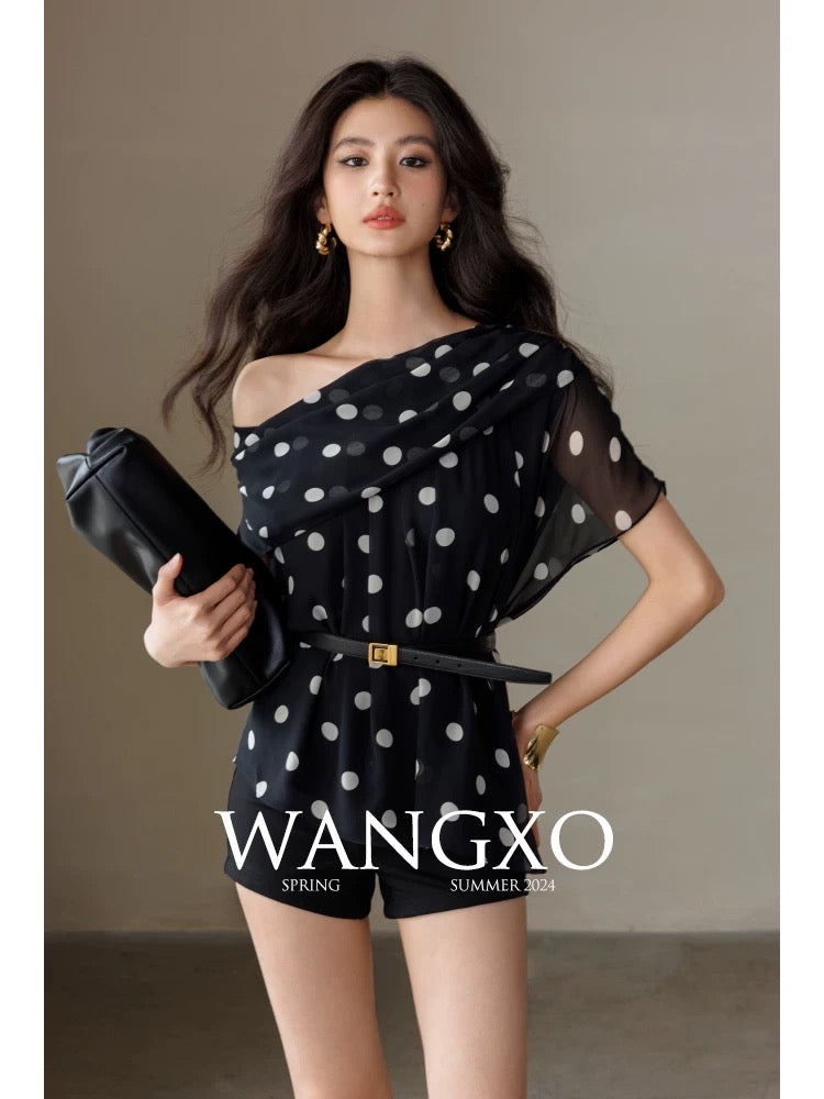 WANGXO｜Customized light georgette|Dynamic polka dots|Off-shoulder two-way design hand-pleated chiffon shirt