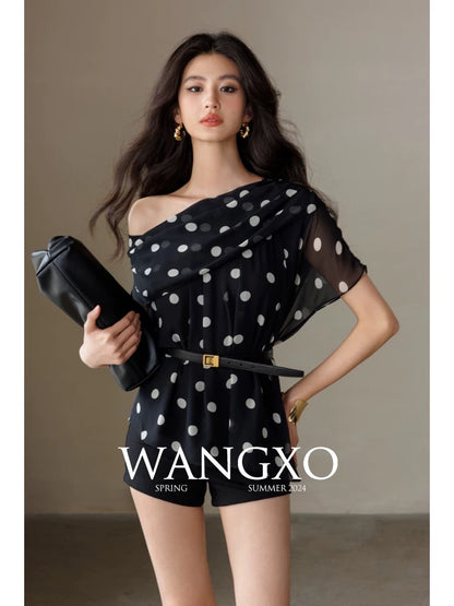 WANGXO｜Customized light georgette|Dynamic polka dots|Off-shoulder two-way design hand-pleated chiffon shirt