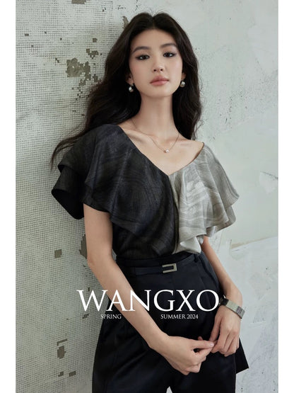 WANGXO | Heavy gilded wrinkled satin | Color matching ruffles | Double V-neck short-sleeved top for women