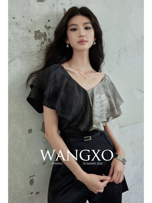 WANGXO | Heavy gilded wrinkled satin | Color matching ruffles | Double V-neck short-sleeved top for women