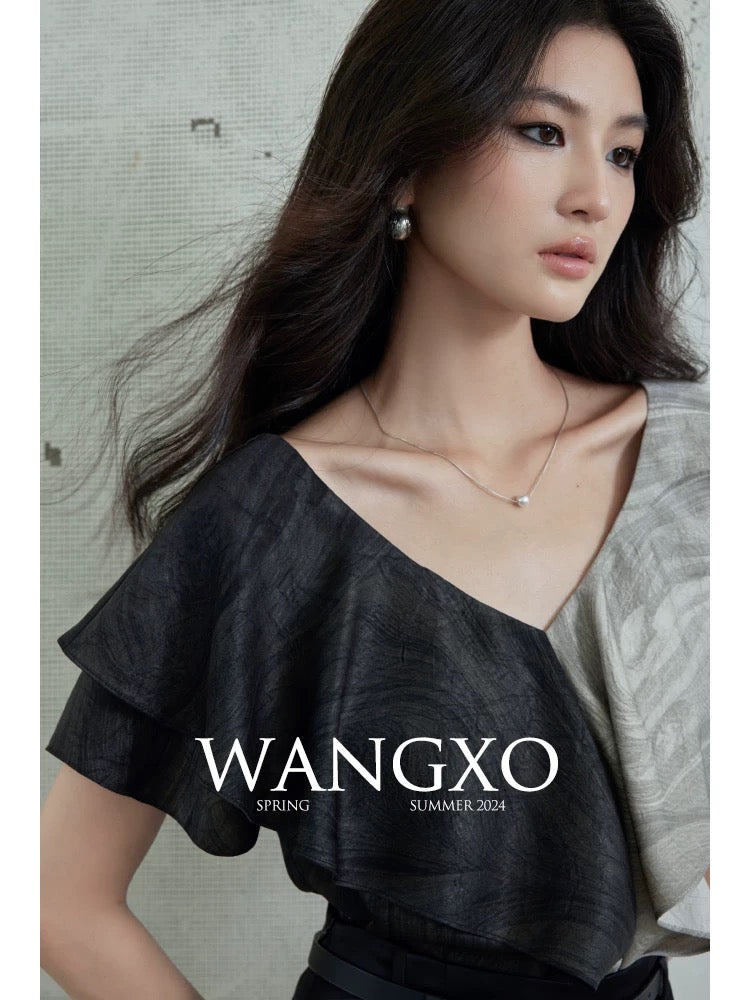 WANGXO | Heavy gilded wrinkled satin | Color matching ruffles | Double V-neck short-sleeved top for women