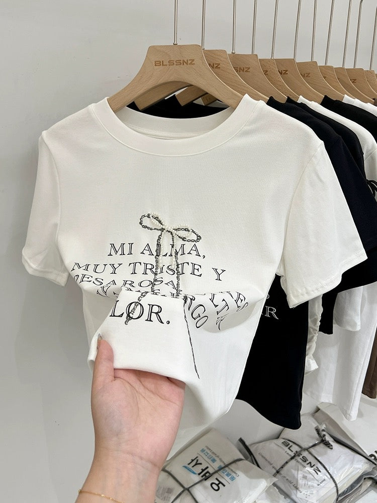 Pure cotton right shoulder round neck white short-sleeved T-shirt for women summer 2024 new style bow letter print slim fit top