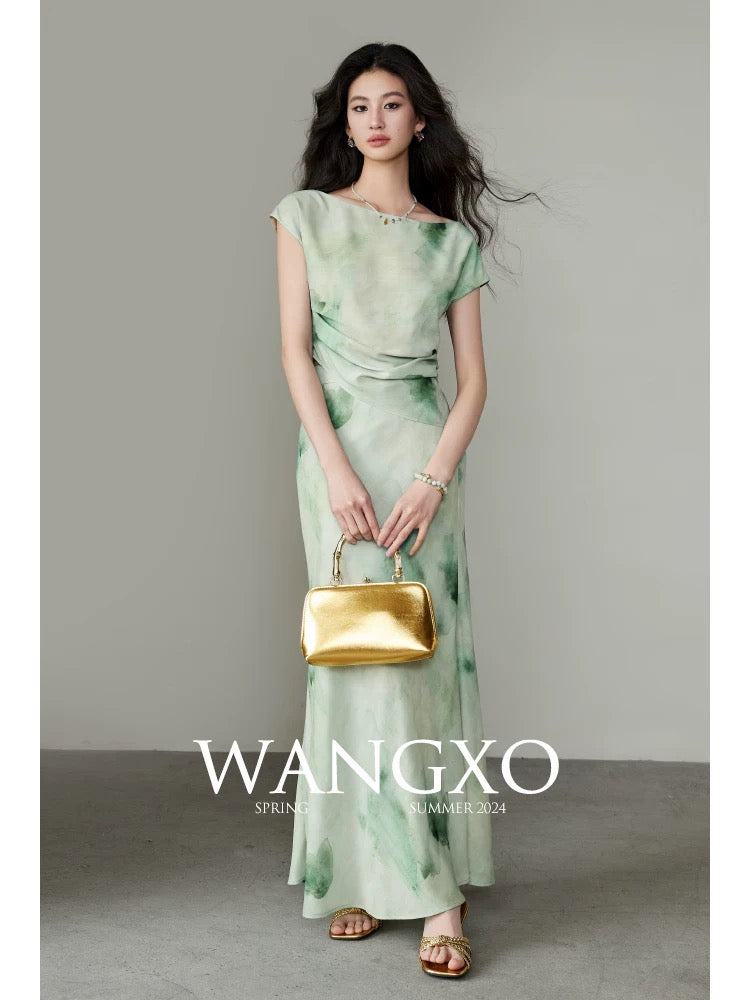 WANGXO｜High-density silk and linen satin with the same fabric texture｜Square neckline pleated top & fishtail skirt set