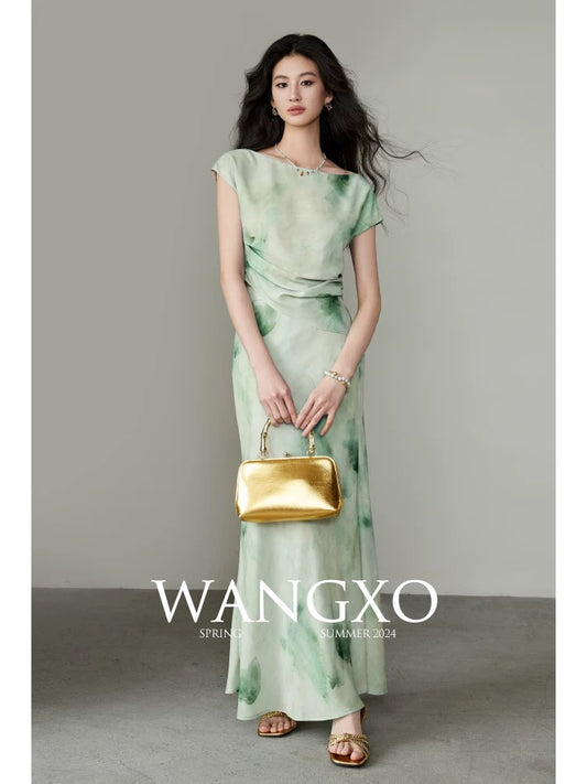 WANGXO｜High-density silk and linen satin with the same fabric texture｜Square neckline pleated top & fishtail skirt set