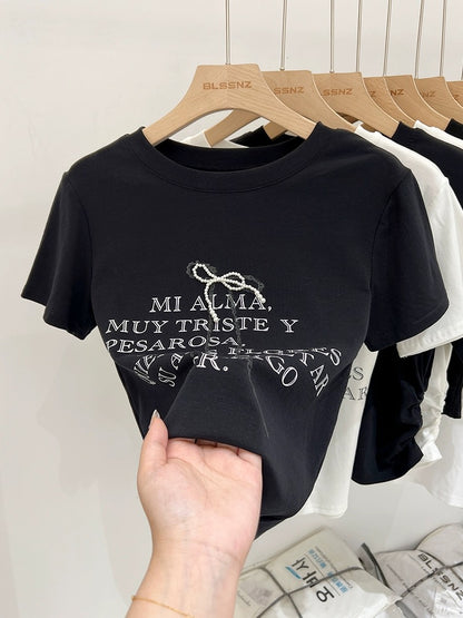 Pure cotton right shoulder round neck white short-sleeved T-shirt for women summer 2024 new style bow letter print slim fit top
