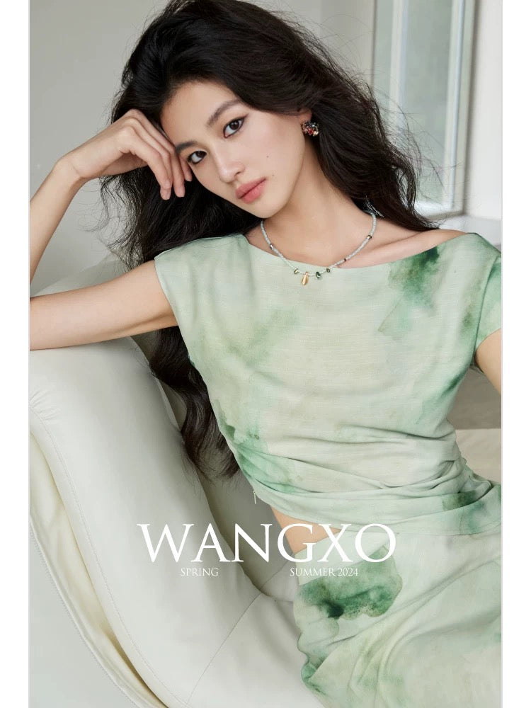 WANGXO｜High-density silk and linen satin with the same fabric texture｜Square neckline pleated top & fishtail skirt set