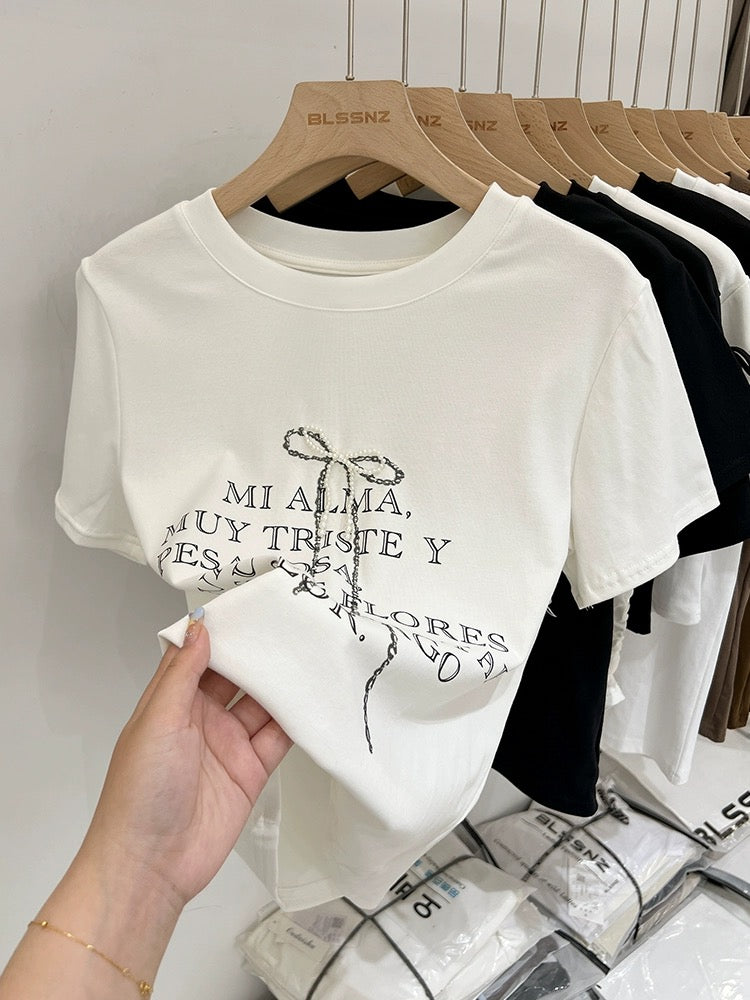 Pure cotton right shoulder round neck white short-sleeved T-shirt for women summer 2024 new style bow letter print slim fit top