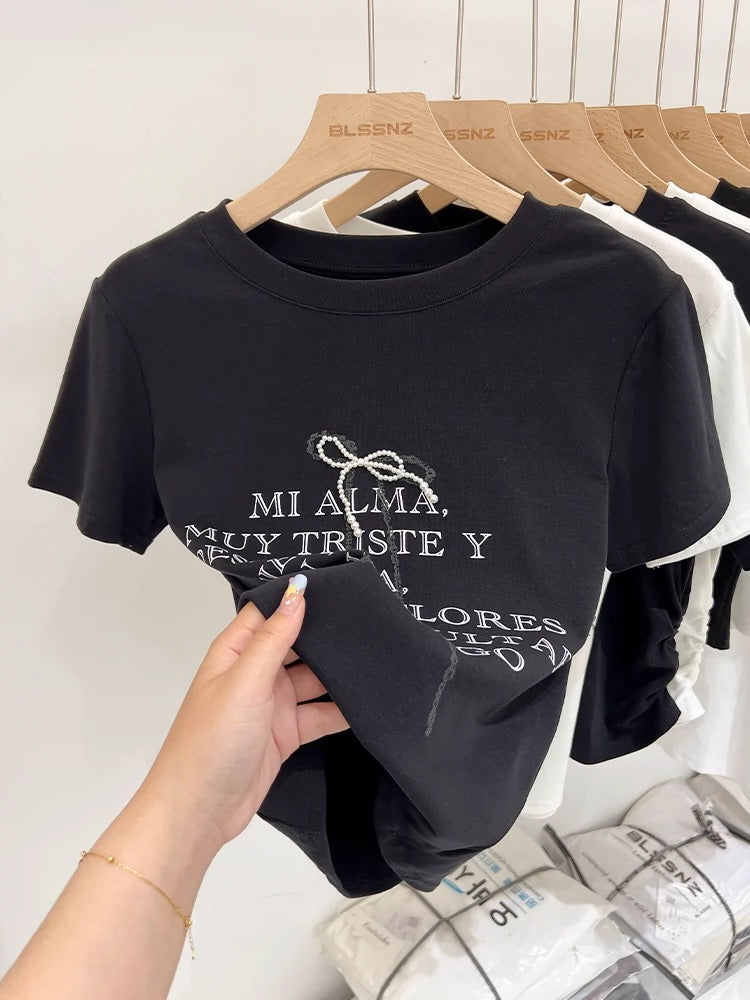 Pure cotton right shoulder round neck white short-sleeved T-shirt for women summer 2024 new style bow letter print slim fit top