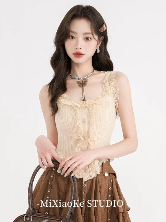 Mi Xiaoke American retro design lace camisole vest for women in summer hot girl outfit pure desire short top