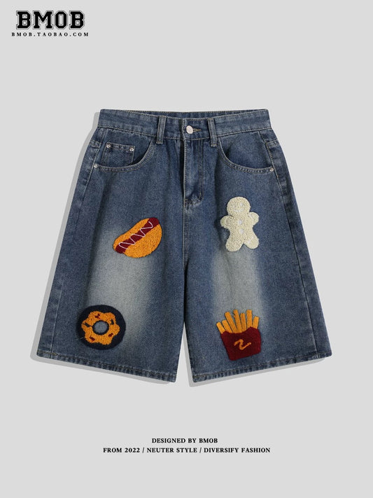 BMOB designer embroidered denim shorts for men and women, summer American trendy brand, loose fit, high street style, wide-leg, five-quarter length shorts.