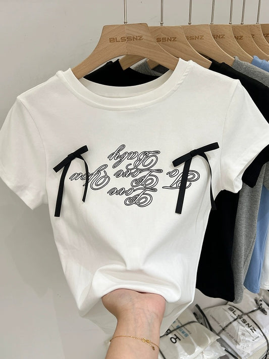 White cotton bow right shoulder short-sleeved T-shirt for women summer 2024 new half-sleeved T-shirt printed short top