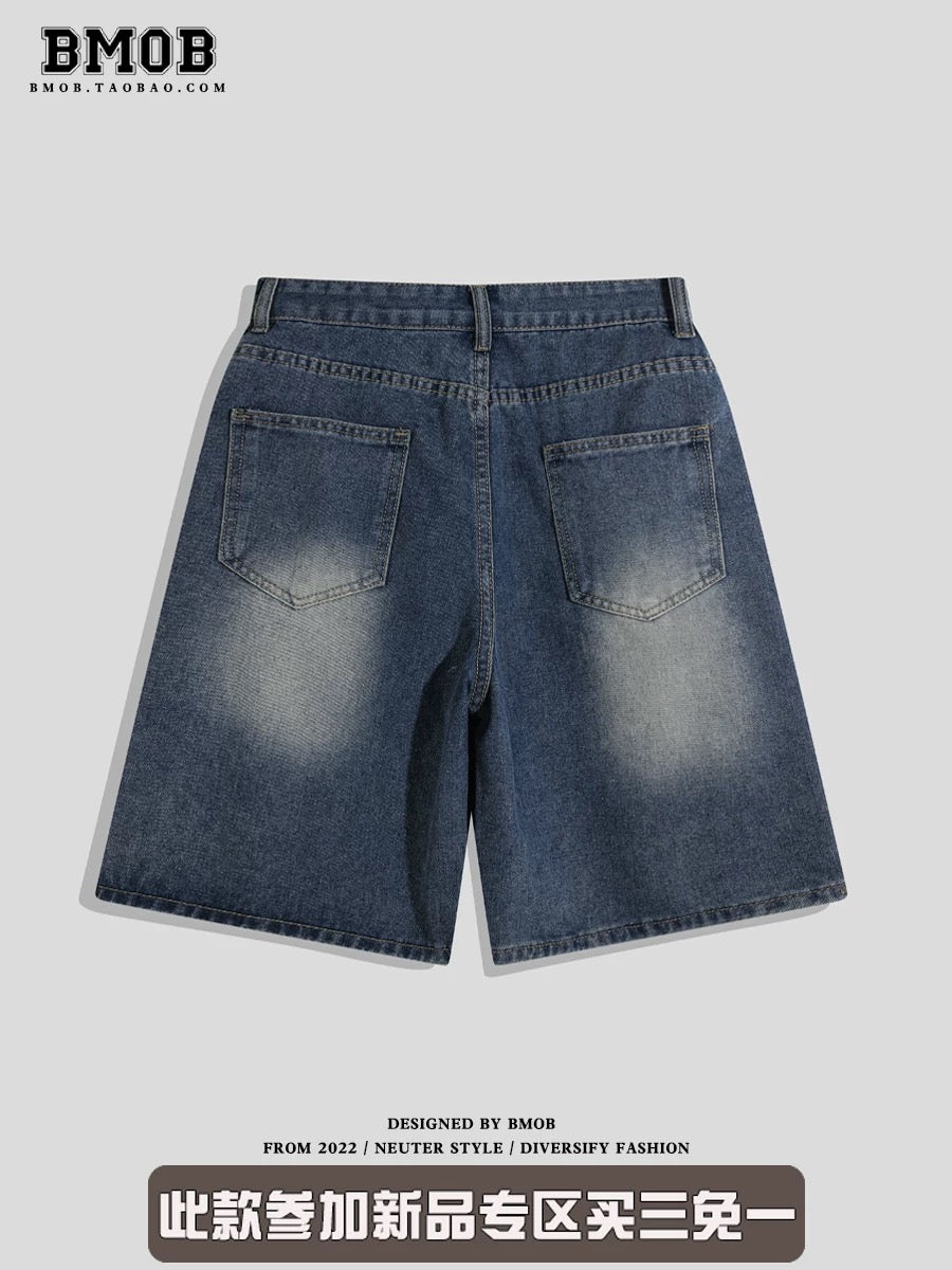 BMOB designer embroidered denim shorts for men and women, summer American trendy brand, loose fit, high street style, wide-leg, five-quarter length shorts.