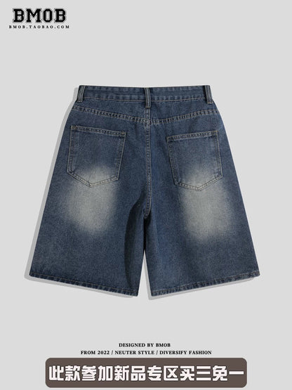 BMOB designer embroidered denim shorts for men and women, summer American trendy brand, loose fit, high street style, wide-leg, five-quarter length shorts.