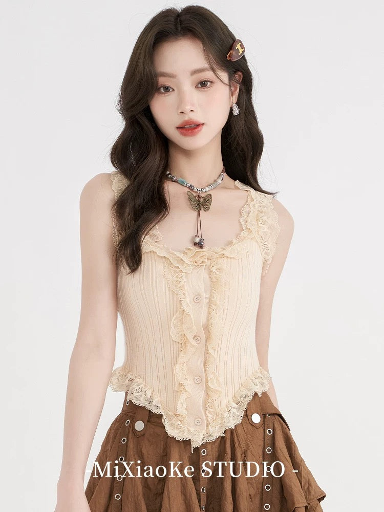 Mi Xiaoke American retro design lace camisole vest for women in summer hot girl outfit pure desire short top