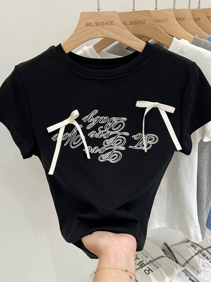 White cotton bow right shoulder short-sleeved T-shirt for women summer 2024 new half-sleeved T-shirt printed short top