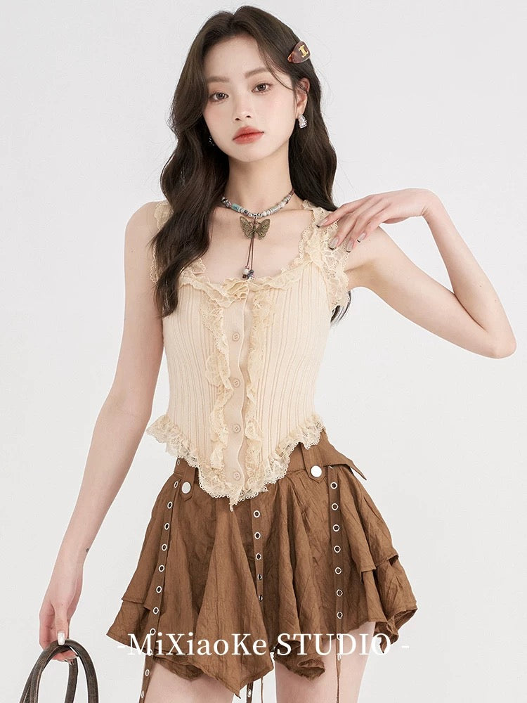 Mi Xiaoke American retro design lace camisole vest for women in summer hot girl outfit pure desire short top
