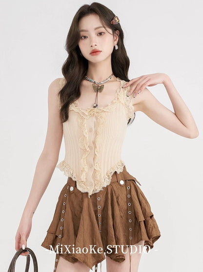 Mi Xiaoke American retro design lace camisole vest for women in summer hot girl outfit pure desire short top