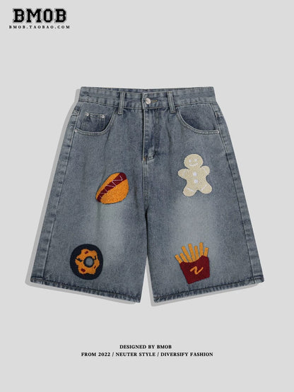 BMOB designer embroidered denim shorts for men and women, summer American trendy brand, loose fit, high street style, wide-leg, five-quarter length shorts.