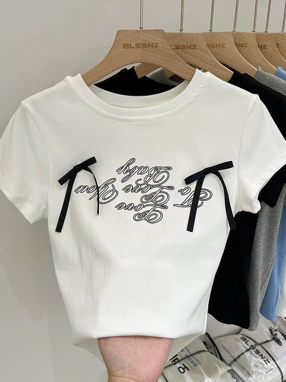 White cotton bow right shoulder short-sleeved T-shirt for women summer 2024 new half-sleeved T-shirt printed short top