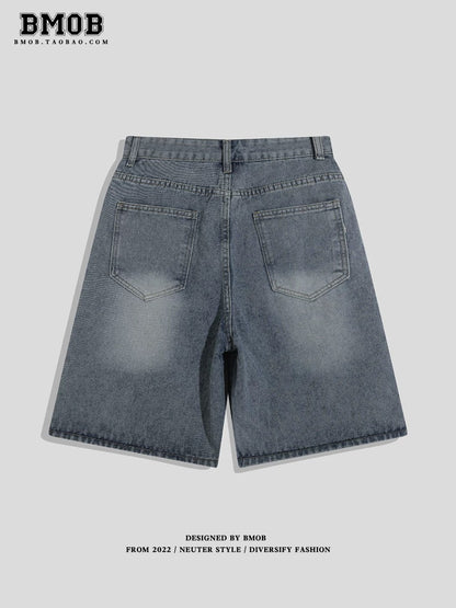 BMOB designer embroidered denim shorts for men and women, summer American trendy brand, loose fit, high street style, wide-leg, five-quarter length shorts.