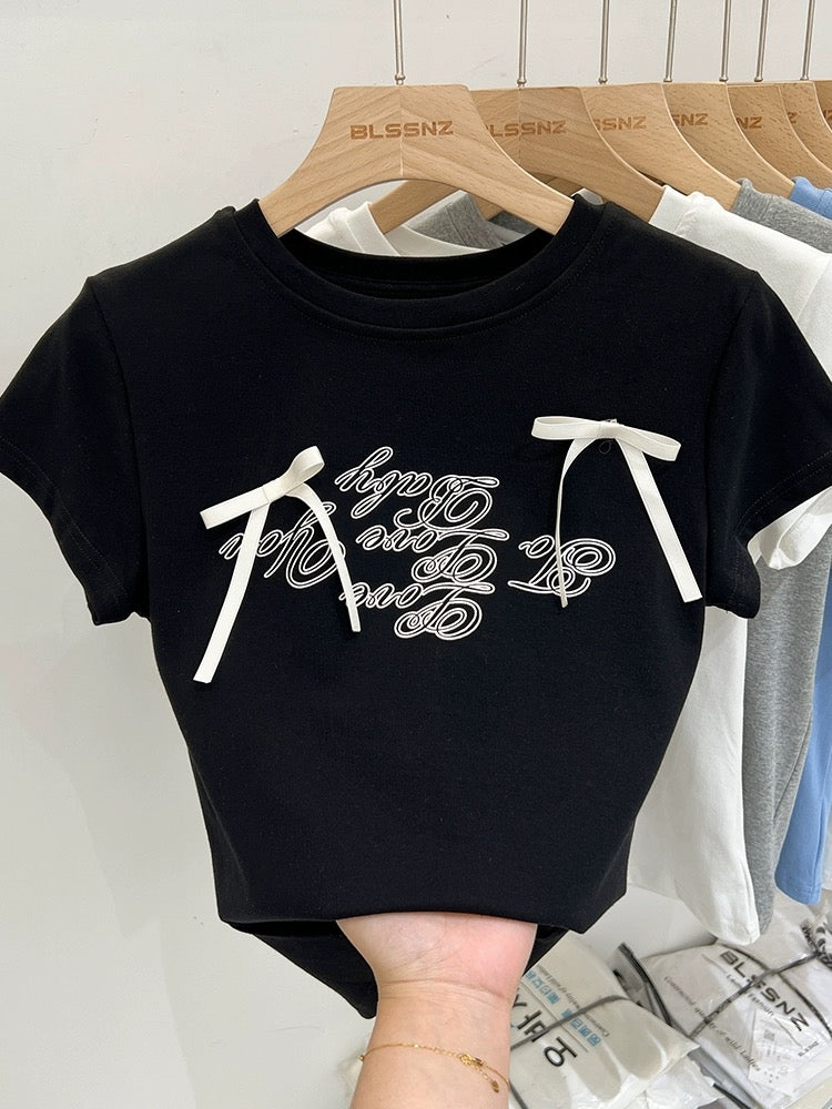 White cotton bow right shoulder short-sleeved T-shirt for women summer 2024 new half-sleeved T-shirt printed short top