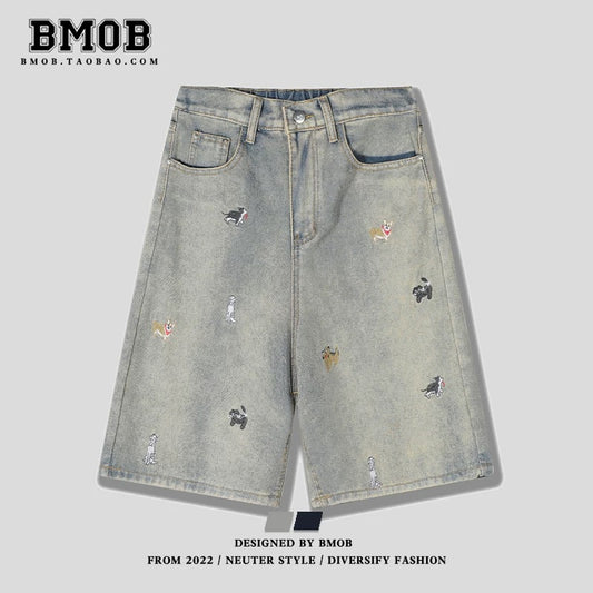 BMOB American Retro Fun Puppy Embroidered Denim Shorts for Men and Women, Summer Loose Wide Leg Design, Five-Point Pants