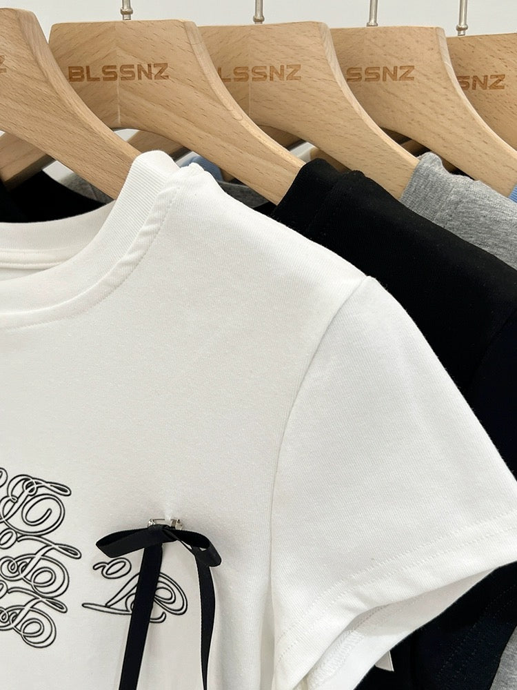 White cotton bow right shoulder short-sleeved T-shirt for women summer 2024 new half-sleeved T-shirt printed short top