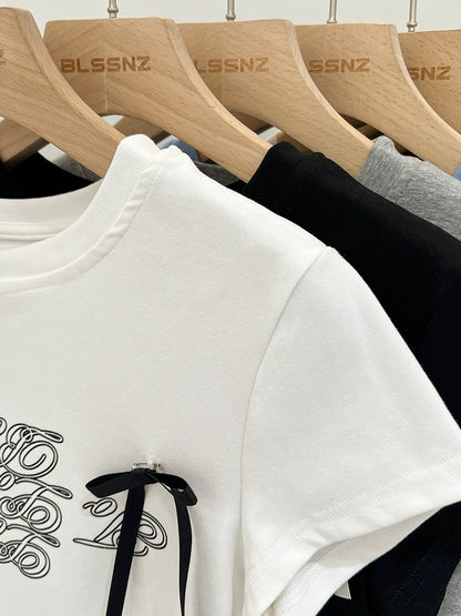 White cotton bow right shoulder short-sleeved T-shirt for women summer 2024 new half-sleeved T-shirt printed short top
