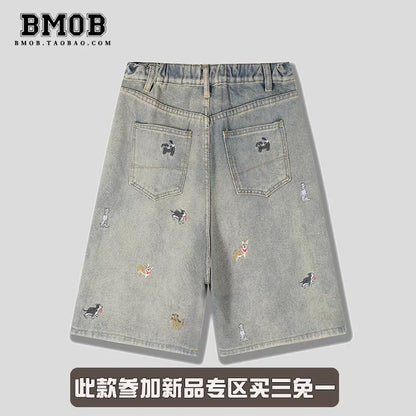BMOB American Retro Fun Puppy Embroidered Denim Shorts for Men and Women, Summer Loose Wide Leg Design, Five-Point Pants