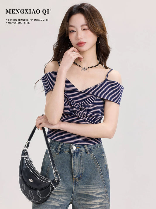 Meng Xiaoqi design temperament striped short-sleeved T-shirt women's summer Korean style wear suspender top short chic