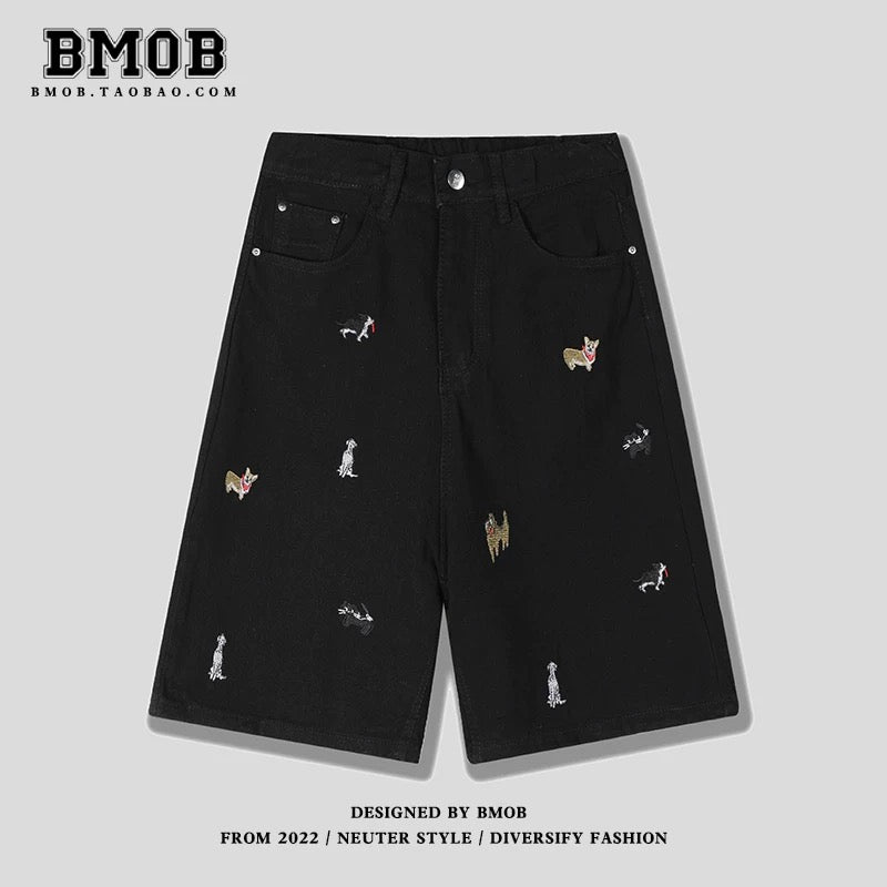 BMOB American Retro Fun Puppy Embroidered Denim Shorts for Men and Women, Summer Loose Wide Leg Design, Five-Point Pants