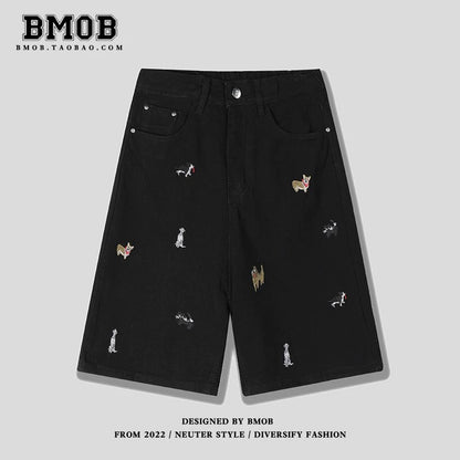 BMOB American Retro Fun Puppy Embroidered Denim Shorts for Men and Women, Summer Loose Wide Leg Design, Five-Point Pants