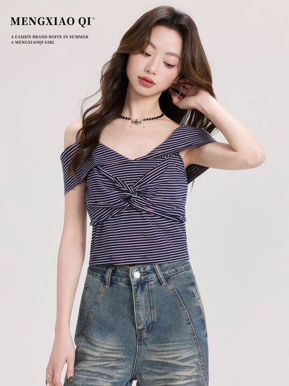 Meng Xiaoqi design temperament striped short-sleeved T-shirt women's summer Korean style wear suspender top short chic