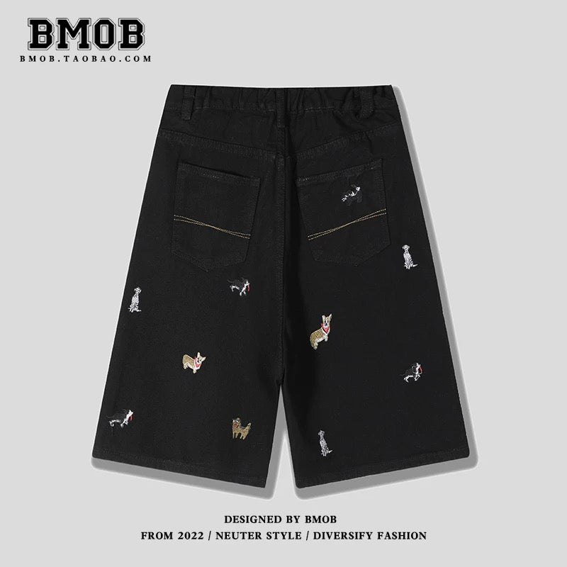 BMOB American Retro Fun Puppy Embroidered Denim Shorts for Men and Women, Summer Loose Wide Leg Design, Five-Point Pants