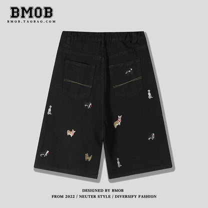 BMOB American Retro Fun Puppy Embroidered Denim Shorts for Men and Women, Summer Loose Wide Leg Design, Five-Point Pants