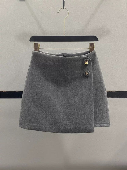 Stylish red irregular wool midi skirt for women, autumn/winter 2025, two-button high-waisted, slimming A-line bodycon mini skirt.