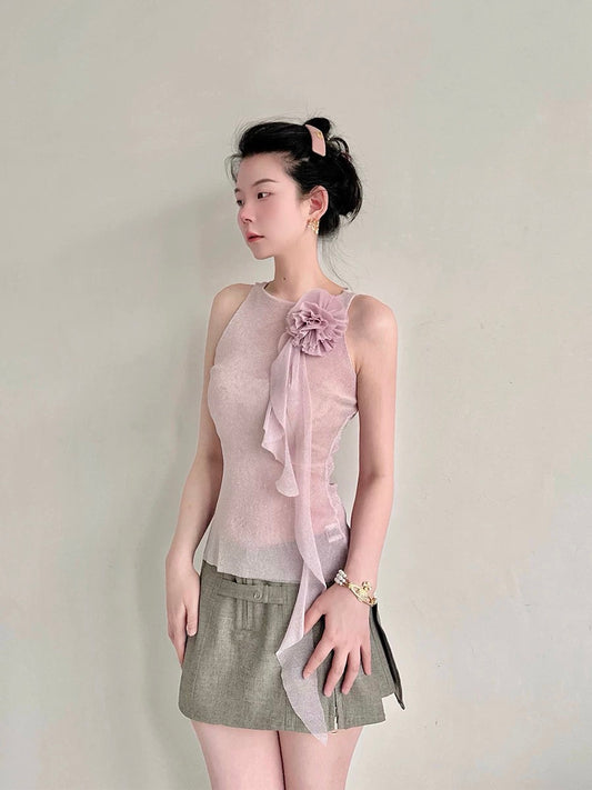 Ledisa original flower ribbon niche atmosphere Korean silver silk sleeveless vest top for women gg1588