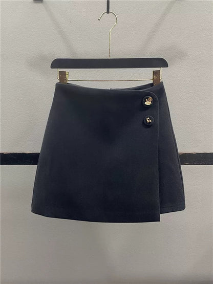 Stylish red irregular wool midi skirt for women, autumn/winter 2025, two-button high-waisted, slimming A-line bodycon mini skirt.