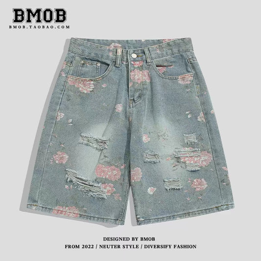 BMOB American Retro Ripped Denim Shorts, Unisex Summer Trendy Loose Straight Leg Cropped Pants, Instagram-Style Mid-Length Shorts