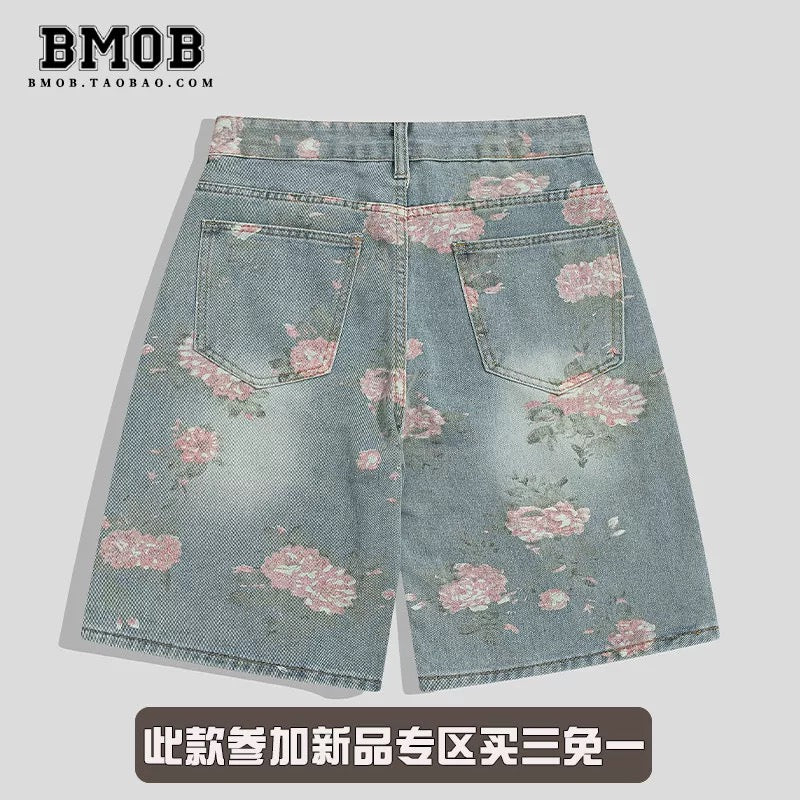 BMOB American Retro Ripped Denim Shorts, Unisex Summer Trendy Loose Straight Leg Cropped Pants, Instagram-Style Mid-Length Shorts