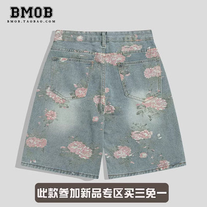 BMOB American Retro Ripped Denim Shorts, Unisex Summer Trendy Loose Straight Leg Cropped Pants, Instagram-Style Mid-Length Shorts