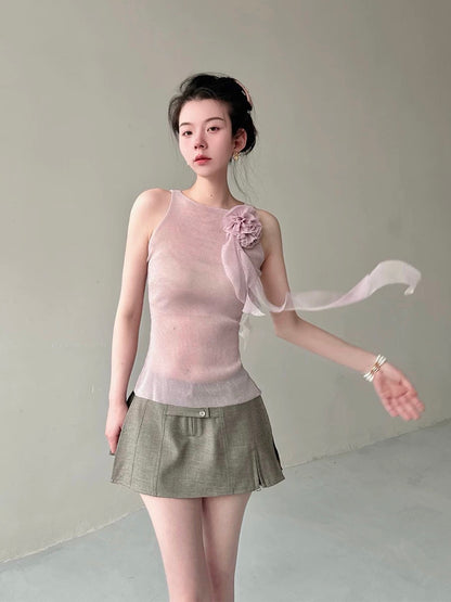 Ledisa original flower ribbon niche atmosphere Korean silver silk sleeveless vest top for women gg1588