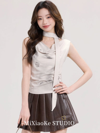 Mi Xiaoke American style halter neck one shoulder short-sleeved T-shirt for women in summer with a stylish and elegant sway collar and hot girl sleeveless top