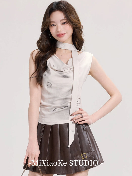 Mi Xiaoke American style halter neck one shoulder short-sleeved T-shirt for women in summer with a stylish and elegant sway collar and hot girl sleeveless top
