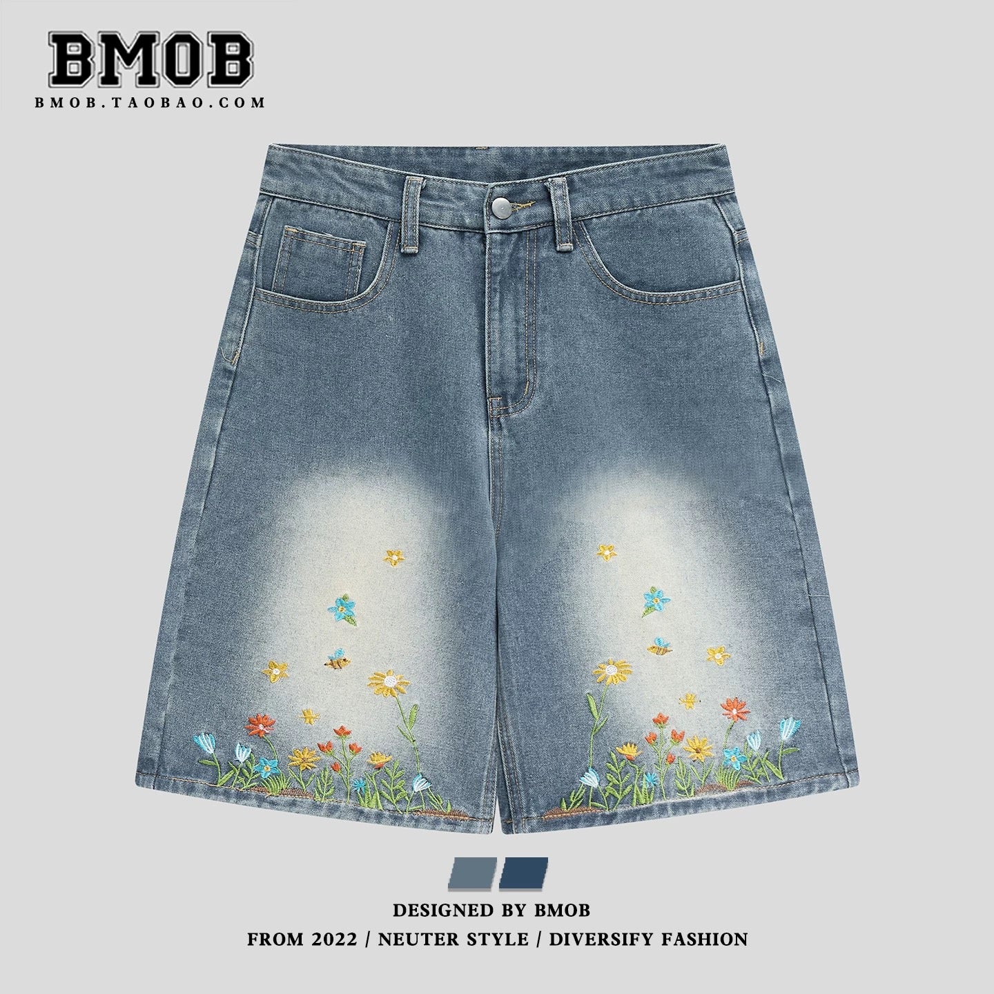 BMOB American Retro Floral Embroidered Denim Shorts for Men and Women, Summer Trendy Loose Casual Cool Five-Point Pants